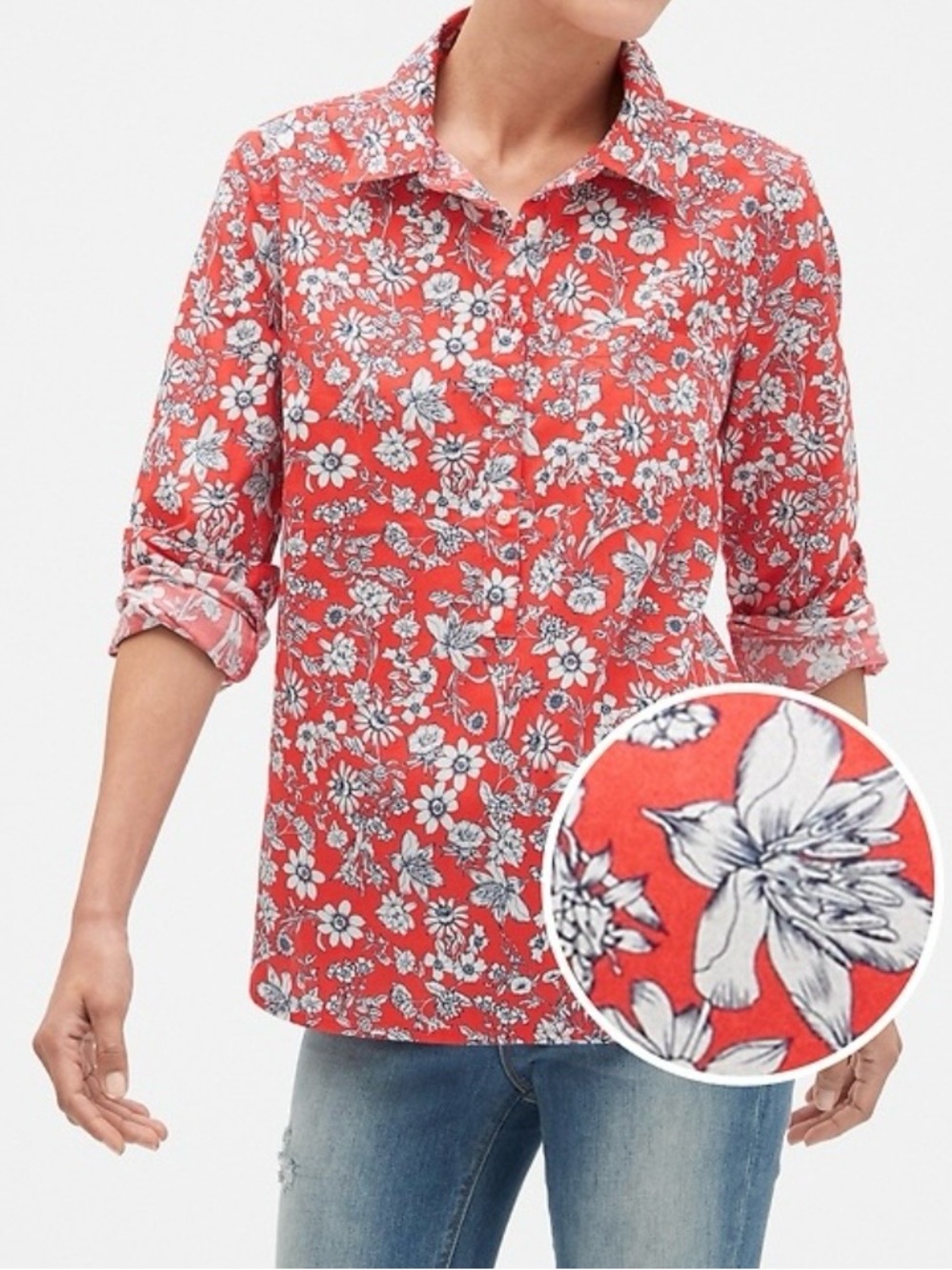 GAP Print Popover Boyfriend Button-Up Shirt Orange, White and Navy - Size XXL
